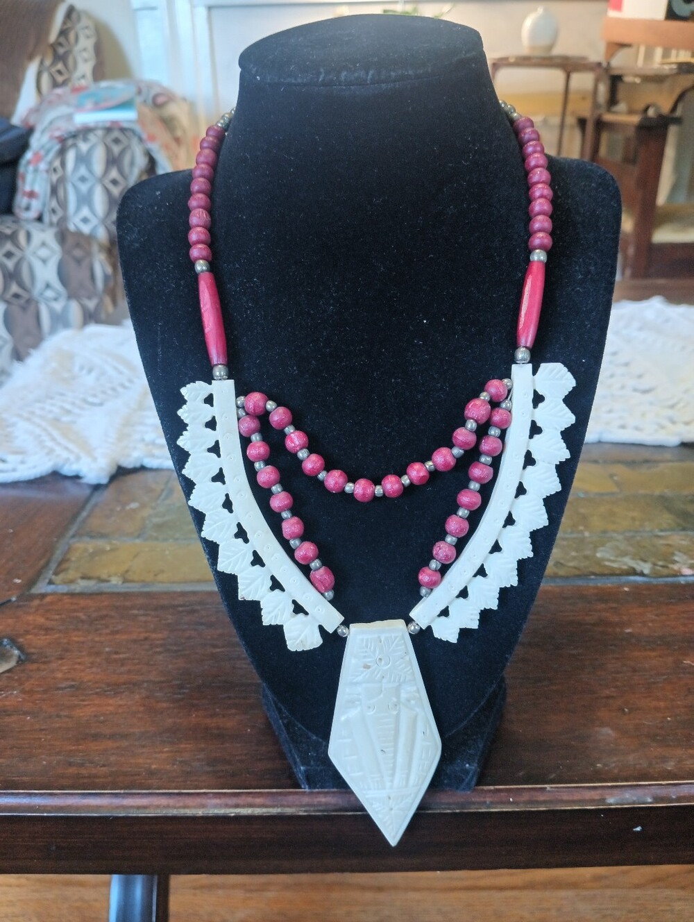Vintage Handcrafted Bone Pendant Statement Necklace